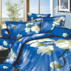 Blue Sky and White Cloud 4 Piece Cotton Bedding Sets with Flowers Printing