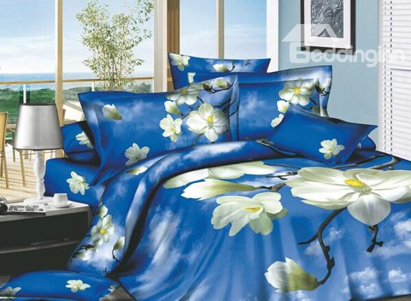 Blue Sky and White Cloud 4 Piece Cotton Bedding Sets with Flowers Printing