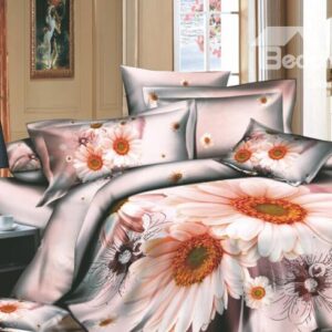 Dreamlike Pink Flowers and Wash Printed 4 Piece Cotton Duvet Cover Sets