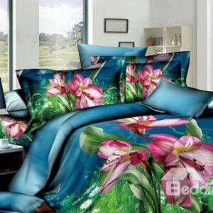 Likesome Blue Printed 4 Piece Cotton Bedding Sets with Pink Flowers