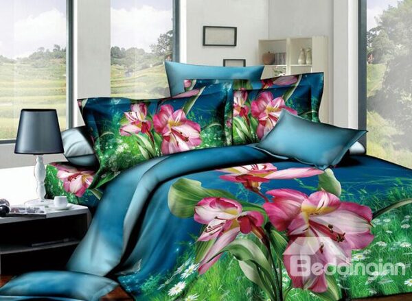 Likesome Blue Printed 4 Piece Cotton Bedding Sets with Pink Flowers