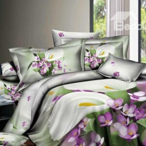Favorable White Flowers Active Printed 4 Piece Cotton Bedding Sets