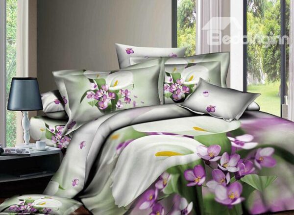 Favorable White Flowers Active Printed 4 Piece Cotton Bedding Sets