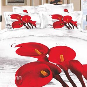 Florid White Wash Printed 4 Piece Cotton Bedding Sets with Red Flowers