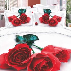 Delicate and Charming Red Rose 4 Piece Cotton Bedding Sets with Printing
