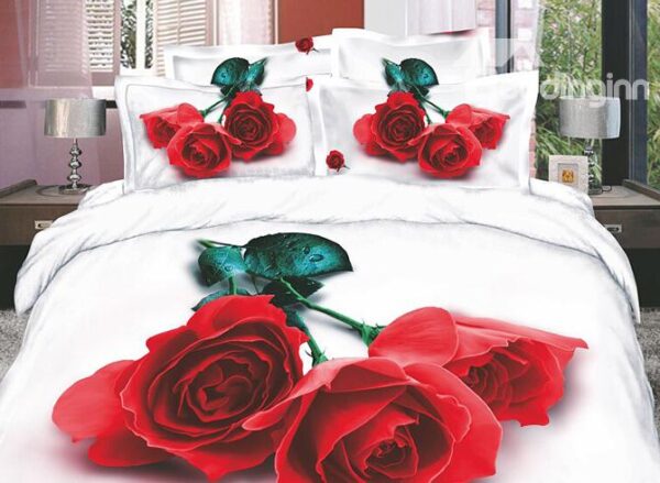 Delicate and Charming Red Rose 4 Piece Cotton Bedding Sets with Printing