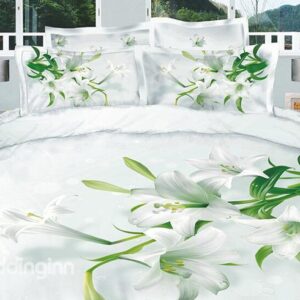 Dignified White Lilies Active Printed 4 Piece Cotton Duvet Cover Sets