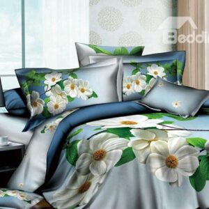 Blossoming White Flowers 4 Piece Active Print Duvet Cover Sets with Cotton