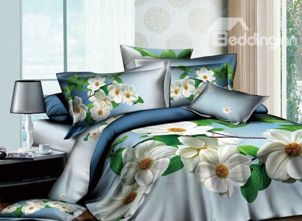 Blossoming White Flowers 4 Piece Active Print Duvet Cover Sets with Cotton