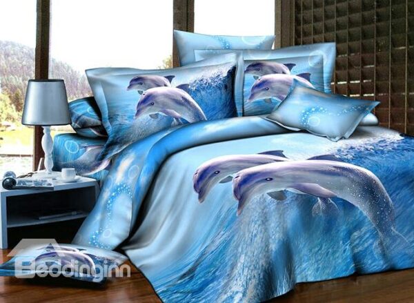 Blue Dolphins Reactive Printing 4-Piece Cotton Duvet Cover Sets