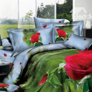 Green Printed 4 Piece 100 Percent Cotton Bedding Sets with Red Flowers