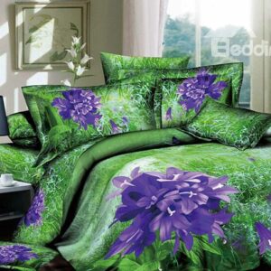 Smashing Wonderful Purple Flowers and Green Grass 4 Piece Cotton Bedding Sets with Printing