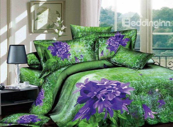 Smashing Wonderful Purple Flowers and Green Grass 4 Piece Cotton Bedding Sets with Printing