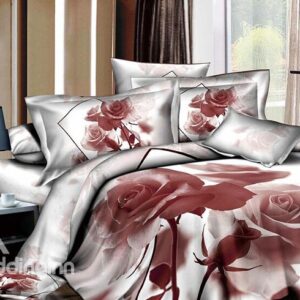 Engrammic Light Brown Rose Printed 4 Piece Duvet Cover Sets with Cotton