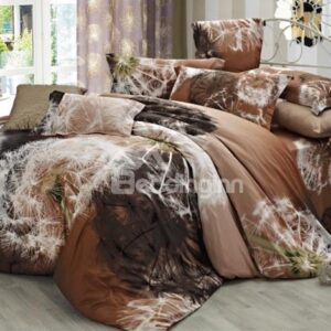 Wonderful Light Brown 4 Piece Cotton Bedding Sets with Dandelion Printing