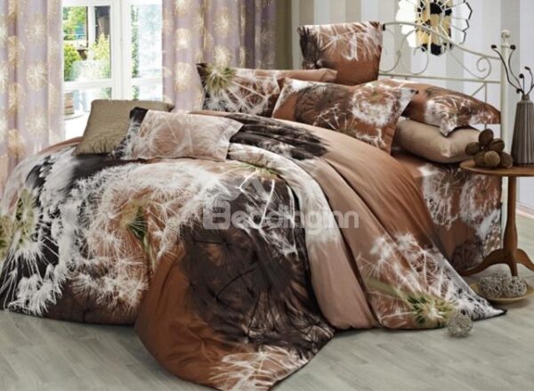 Wonderful Light Brown 4 Piece Cotton Bedding Sets with Dandelion Printing
