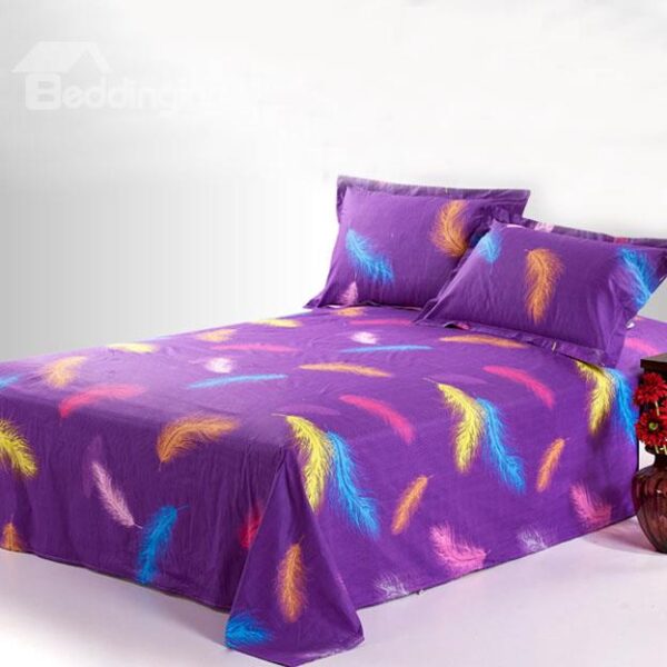 Charisma Purple Printed Cotton Sheet with Colorful Feather