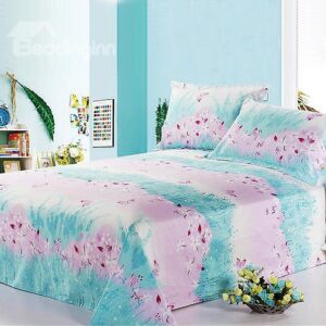 Villatic Light Blue and Pink Floral Printed Cotton Sheet