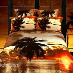 Palm Tree Scenery at Dusk Printing 4 Piece Cotton Bedding Sets