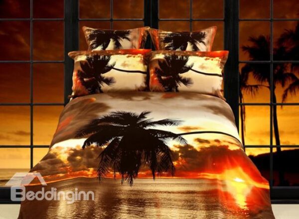 Palm Tree Scenery at Dusk Printing 4 Piece Cotton Bedding Sets