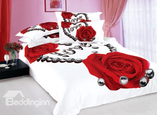 Love Red Rose Printed 4 Piece White Cheap Bedding Sets