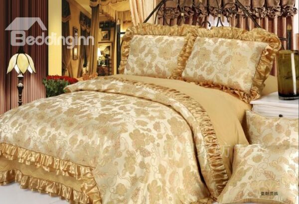 Ornate Camel Embroidery Floral 6 Piece Satin Bedding Sets