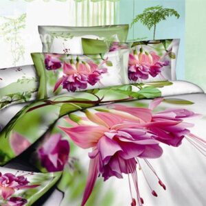 Debonaire 4-Piece Cotton Bedding Sets with Pink Flowers Green Leaves