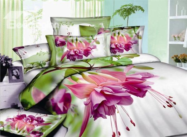 Debonaire 4-Piece Cotton Bedding Sets with Pink Flowers Green Leaves