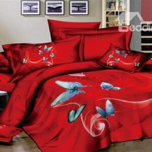 Sexy Red 4-Piece Cotton Bedding Sets with Butterflies