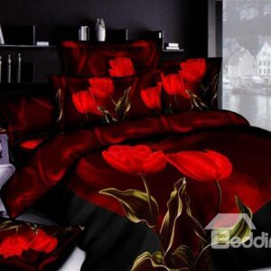 4-Piece Printed Bedding Sets with Seductive Red Tulips