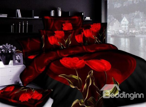 4-Piece Printed Bedding Sets with Seductive Red Tulips