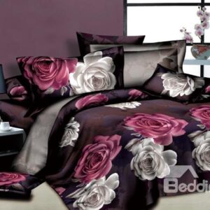 White and Red Flowers Printed 4 Piece Unique Duvet Covers Bedding Sets