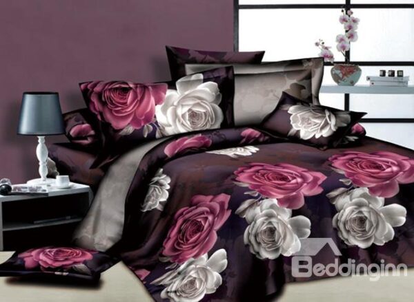 White and Red Flowers Printed 4 Piece Unique Duvet Covers Bedding Sets