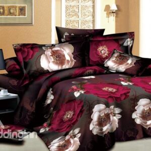 Elegant Wine Red and Pink Flower Printed 4 Piece Bedding Sets