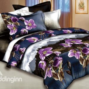 Hillcrest Scenic and Pink Flowers Printed 4 Pieces Duvet Cover Sets