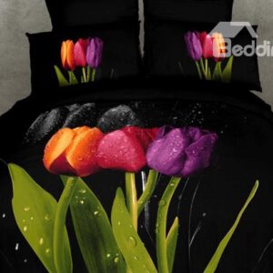 Charisma Black 4 Piece Tulips with Dewdrop Active Printing Cotton Bedding Sets