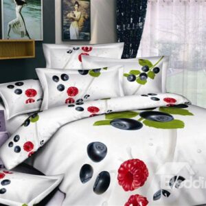 White Printed with Fruit and Greenery 4 Piece Bedding Sets