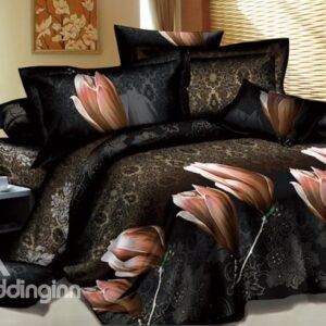 Mysterious Patterns with Champagne Flowers Printed 4 Piece Queen Bedding Sets