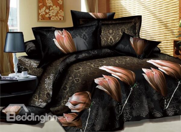 Mysterious Patterns with Champagne Flowers Printed 4 Piece Queen Bedding Sets