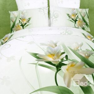 Graceful White Cotton Magnolia Flowers Printing 4 Piece Duvet Cover Bedding Sets