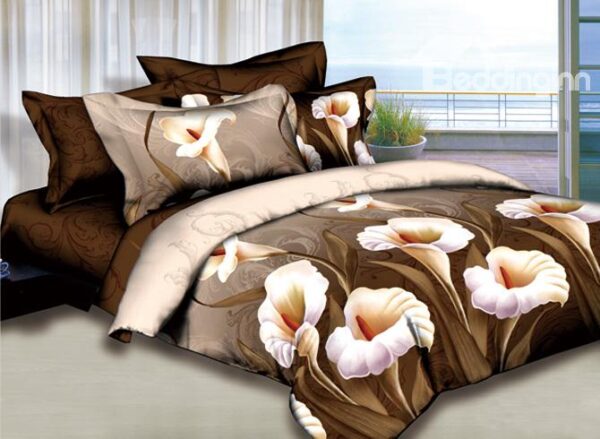 Unique Calla Lily Print 4 Piece Camel Bed Sheets Sets