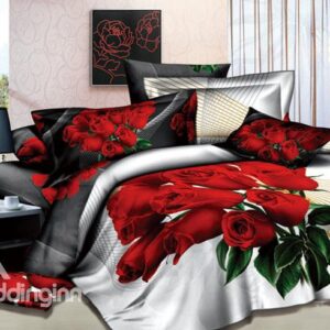 Gorgeous Red Rose Printed 4 Piece Cotton Bedding Sets