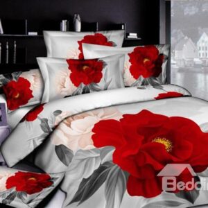 Gorgeous Light Grey and Peony Cotton Printed 4 Piece Bedding Sets