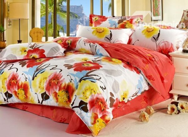 Splendid Flowers In Red and Yellow Color Duvet Cover 4 Piece Bedding Sets