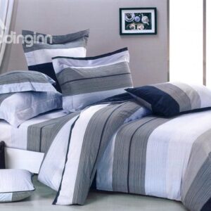 Dark Blue White and Grey Color Stripe 4 Piece Bedding Sets