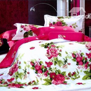 Red Peony With Green Leaves Duvet Cover 4 Piece Bedding Sets