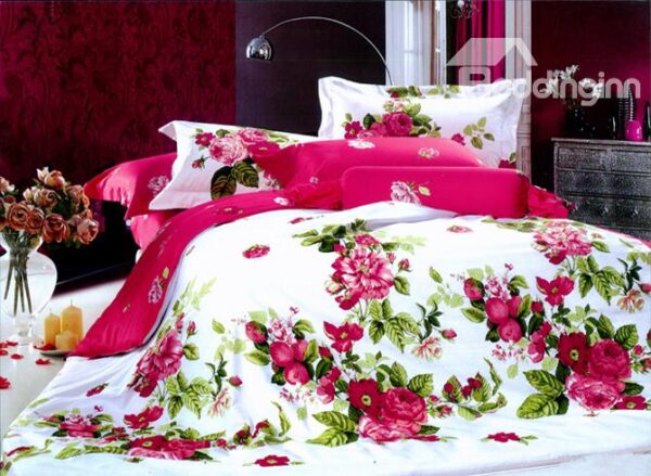 Red Peony With Green Leaves Duvet Cover 4 Piece Bedding Sets