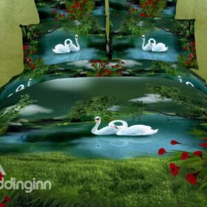 Amazing Green Swan Lake Paint Print With Red Flowers Bedding Sets
