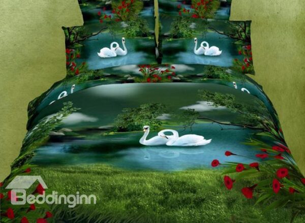 Amazing Green Swan Lake Paint Print With Red Flowers Bedding Sets