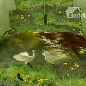 Visual Flying Egret Grass Cotton 4 Piece Active Printing Bedding Sets